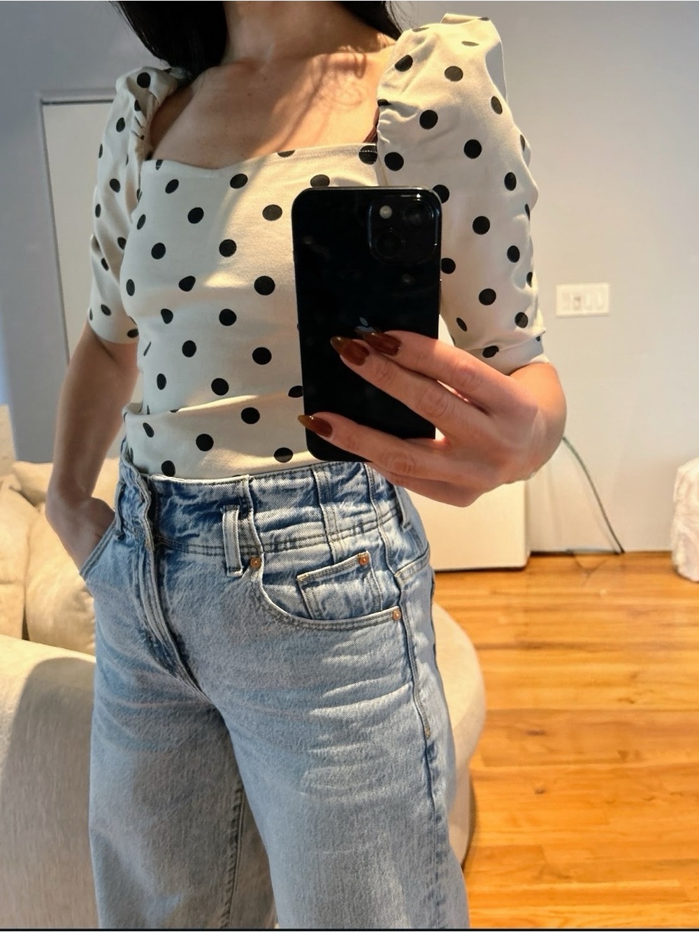 Polka dot top w puffy shoulder detail